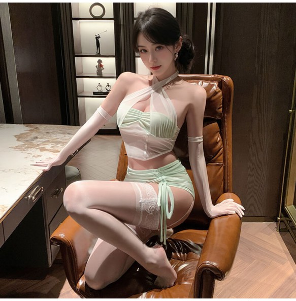 FEE ET MOI - Chic Drawstring Open-Back Hip-Baring Set (White - Green)